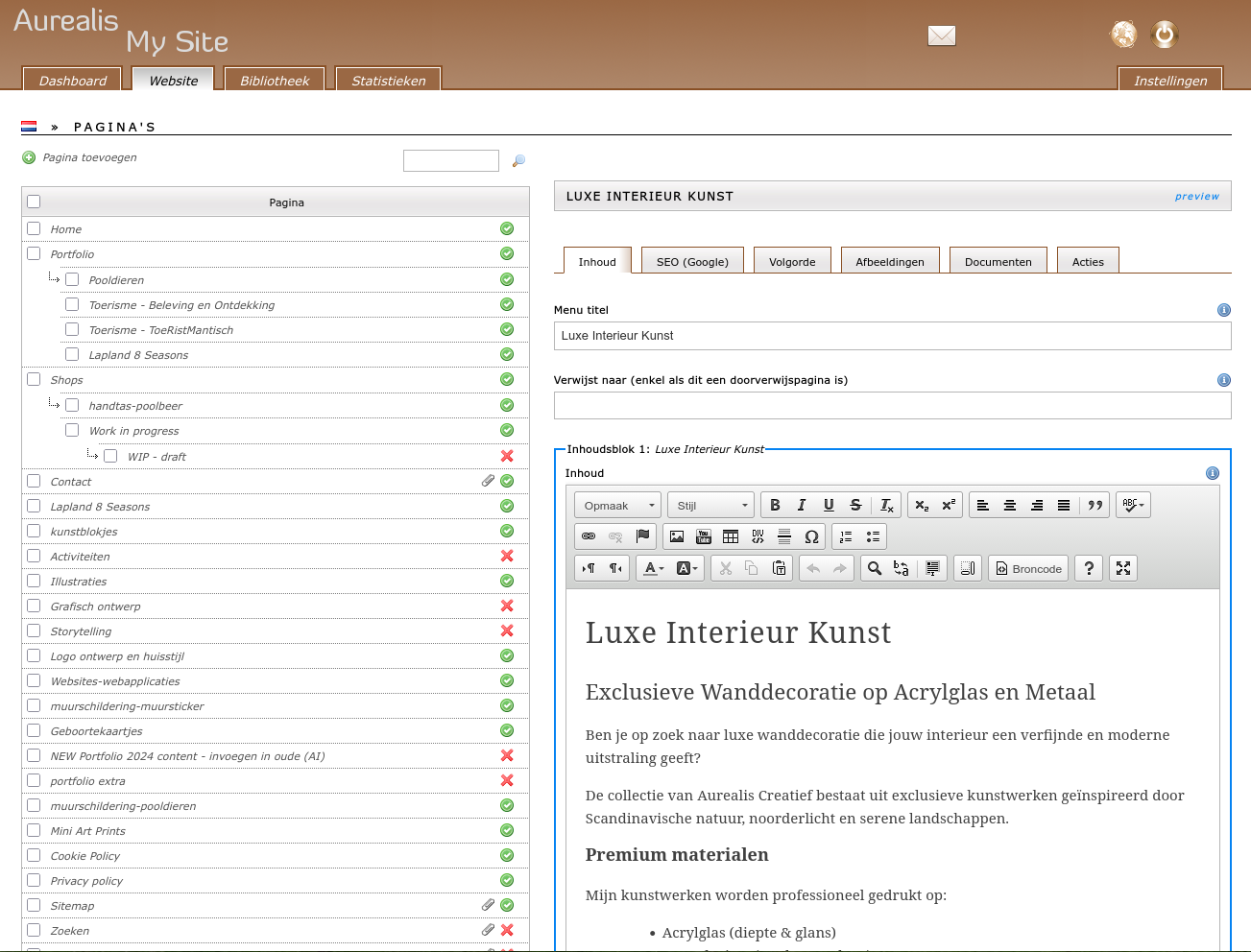 Aurealis MySite CMS beheerinterface